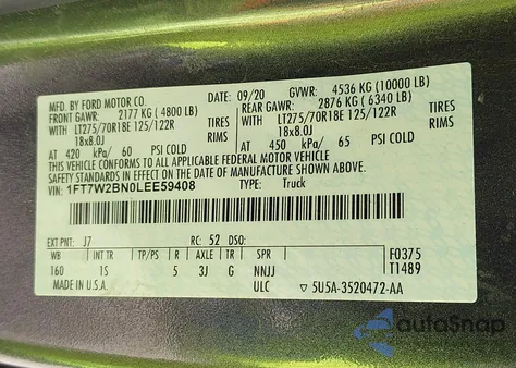 2020 Ford F-250 Xl z USA, uszkodzony, nr VIN 1FT7W2BN0LEE59408